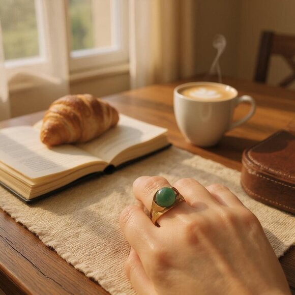 Art Nouveau Gold Washed Sterling Jade Orb Vintage 50's Ring Ladies 5.5 LEAF - Picture 10 of 10